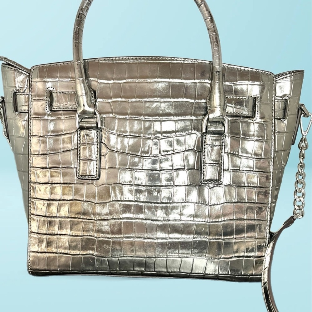 Michael Kors Hamilton  Silver Croc Leather Satchel  Handbag/Crossbody Lock & Key - Picture 3 of 8